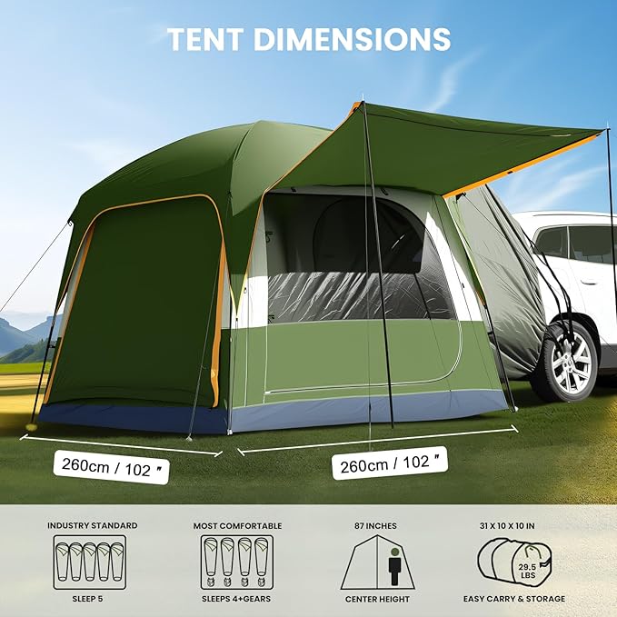 SUV Tents for Camping, Car Tents for Camping 4-6 People, PU 3000mm Waterproof SUV Tent Attachment Tailgate Tent for Car, Spacious Space 8.2'L x 8.2'W x 7.2'H with 2 Awnings & Double Door