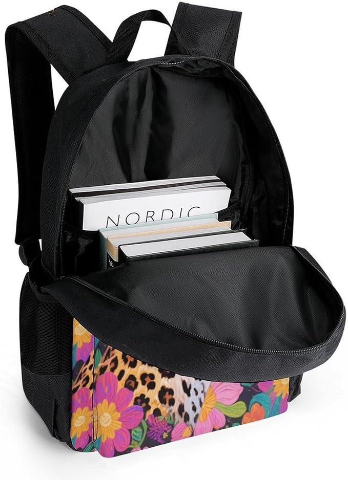 Daypack Polyester Anti-Theft Multipurpose Red Floral Leopard Cheetah Art Bookbag Big Capacity Gym Outdoor Hiking Backpack With Adjustable Shoulder Straps
