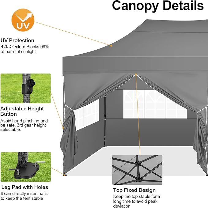 COBIZI 10x20 Pop up Canopy Tent 10x20 Canopy with 6 Sidewalls Waterproof Heavy Duty Commercial Tent for Parties Outdoor Garden Gazebo, Carry Bag with Wheel(10x20ft, Gray)