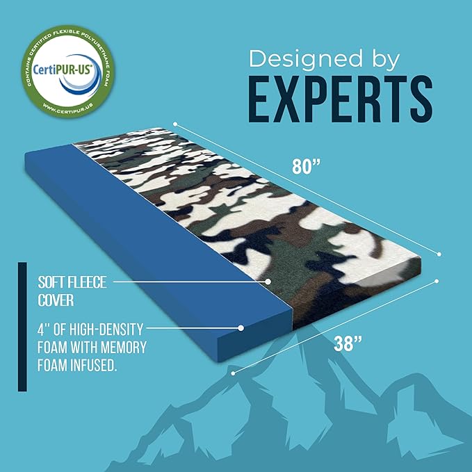 Foamma 4'' x 38'' x 80'' Memory Foam Camouflage Roll-Up Camping Mattress with Soft Fleece Zipper Cover, Foldable and Portable, RV Bunk, Tent, Guest Bed, Outdoor and Dorm, CertiPUR-US Certified Foam