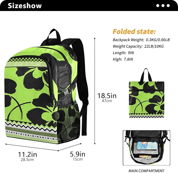 Foldable 18 L backpack anti theft: Packable waterproof travel backpack for men for Travel Camping Outdoor Black Fluorescent Green Flowers Tribal Patterns