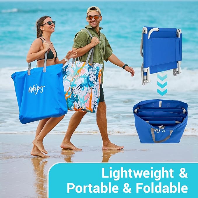 #WEJOY 2 Pack Beach Chairs and Table Set Folding Low Beach Chairs for Adults Lightweight Outdoor Chair with Carry Bag for Lawn Camping Picnic Sports Blue Chair & Table Set