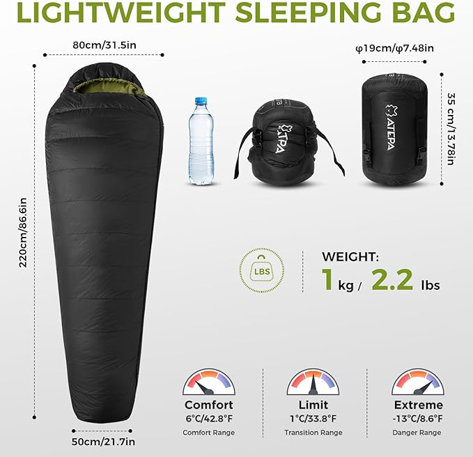 ATEPA Elements 450 Down Sleeping Bag for Adults, 700FP 42.8℉ Recycled Mummy Cold Weather Ultralight 3 Season Compact Packable Sleeping Bag with 15D Nylon Shell for Backpacking Camping Hiking