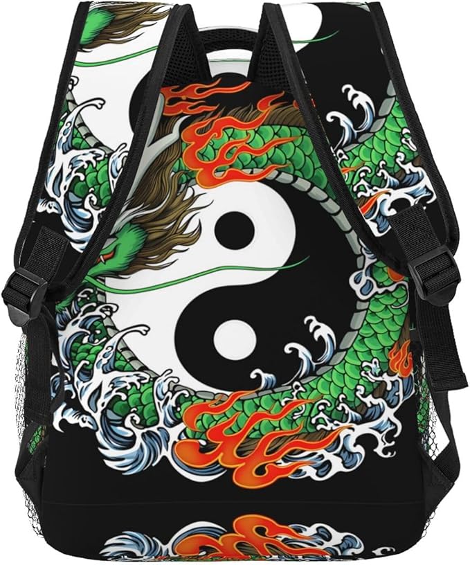 Men Women Polyester Dragons Of The Orient Yin Yang Art Daypack Big Capacity Shoulder Bag With Smooth Zippers for Hiking Work Walking Cycling