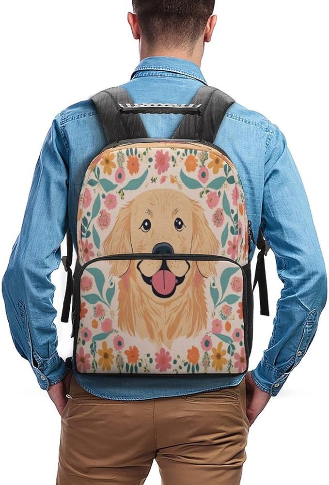 Rucksacks Polyester Anti-Theft Multipurpose Golden Retriever Floral Dogs Carry On Bag Large Capacity Gym Outdoor Hiking Backpack With Smooth Zippers