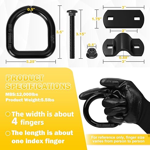 8-Pack 1/2-Inch Heavy Duty Bolt-On Forged D-Ring Shackles - 12,000Lbs Breaking Strength Truck Bed Anchors, Cargo Tie Down Hooks for Trailers, Trucks & Cargo Securement (Black)