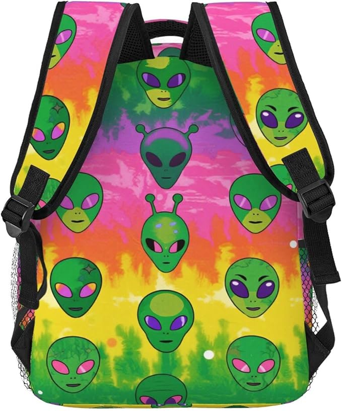 Men Women Polyester Colorful Alien Tie Dye Art Daypack Bookbag Big Capacity Shoulder Bag With Padded Straps for Climbing Travel Walking Cycling
