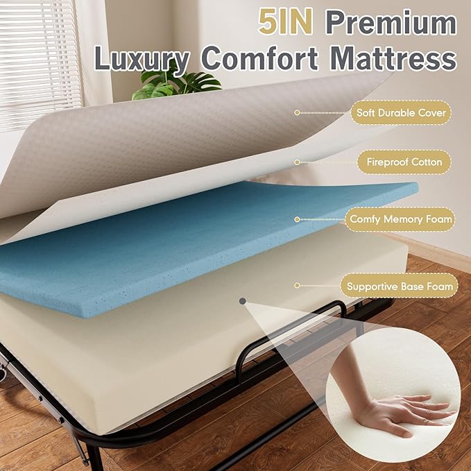 Folding Bed with Mattress for Adults,Roll Away Foldable Bed, Portable Rollaway Bed with 5-inch Memory Foam Mattress & Sturdy Metal Frame, Space-Saving Easy Storage,75"x 31"