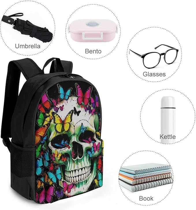Daypack Backpack Anti-Theft Multipurpose Big Capacity Bookbag, Mexican Skulls Colorful Butterfly Business Computer Bag With Side Pockets