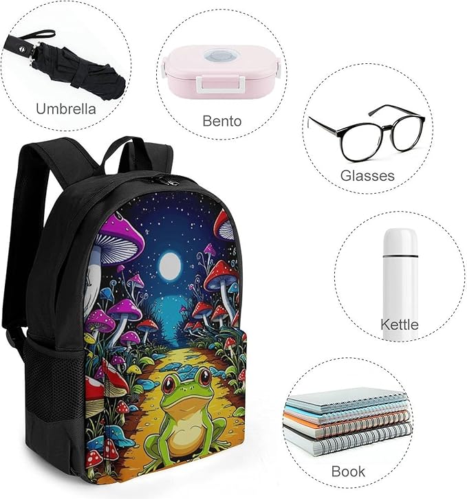 Supdreamc Rucksack Multipurpose Anti-Theft Big Capacity Shoulder Bag, Psychedelic Magic Mushrooms Frog Trippy Art Travel Hiking Camping Rucksack With Side Pockets