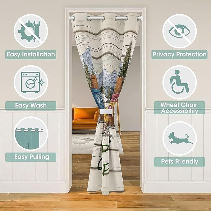 Happy Camping Door Curtain For Doorway Privacy Kids - Cartoon Bear Wild Adventure Blackout Curtain Vintage Wooden Planks Farmhouse Door Drape Retro Tent Mountain Forest Window Treatment 42"W x 80"L