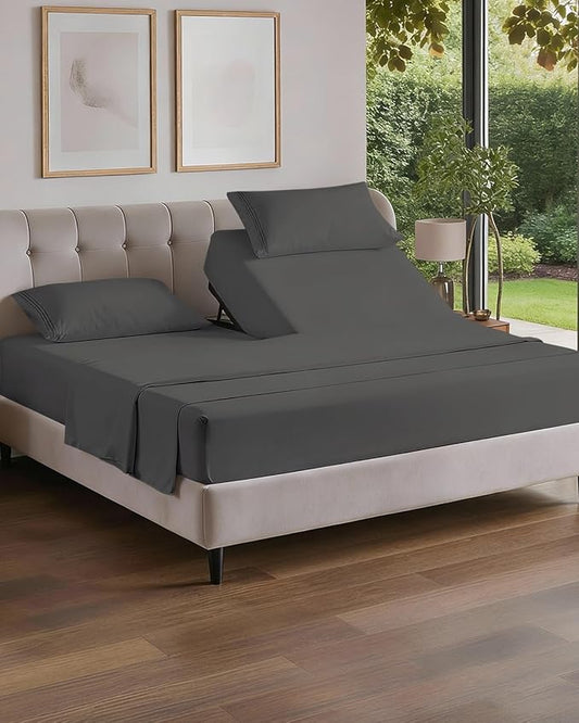 Flex Top Split Head King 4 Piece Sheet Set - Comfy Breathable & Cooling Bed Sheets Set - Hotel Luxury Bedding for Women, Men, Kids, Teens, Boys & Girls - Deep Pockets, Ultra-Soft - Oeko-Tex - Charcoal