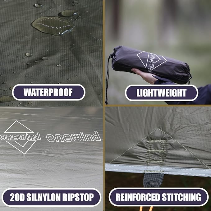 onewind 10×10 ft Camping Tarp, Waterproof Silnylon Emergency Shelter Survival Tent Tarp Hammock Rainfly for Ultralight Camping Backpacking Buschcraft, OD Green