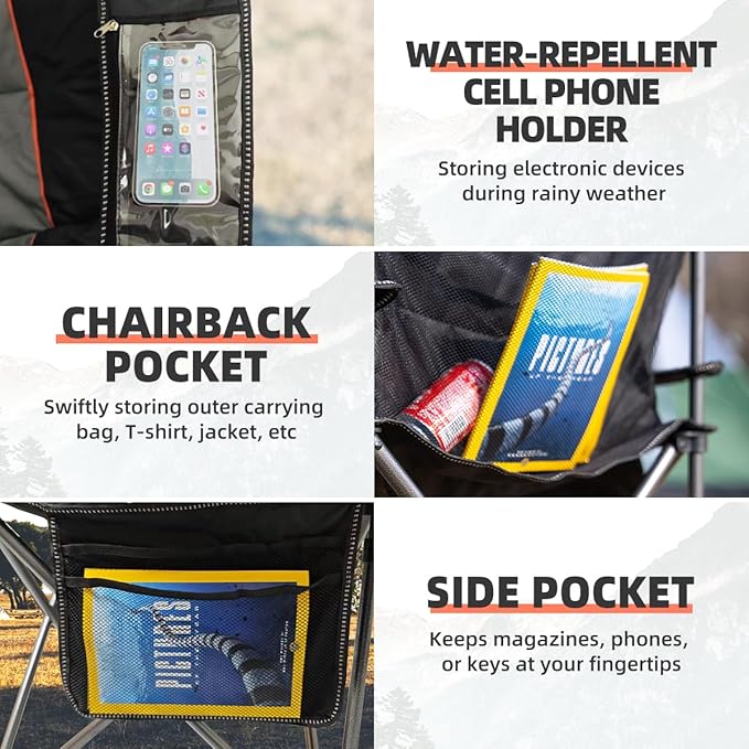 Camping Chair Oversized Folding Outdoor Camping Chair with Cooler Bag, Cup Holder & Waterproof Phone Case, Portable for Hiking/Beach,500LB (Black & Light Gray)