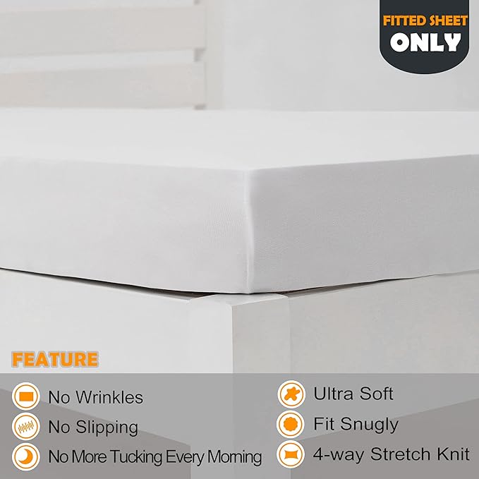 N&Y HOME Cot Size Fitted Sheet Only - 4-Way Stretch Jersey Knit & Snug Fit for Bunk Beds, Camping & RV, Sizes as 25x75, 28x75, 30x75 & 32x75, No Slipping, Soft & Comfortable - White, Bunk/Cot Twin