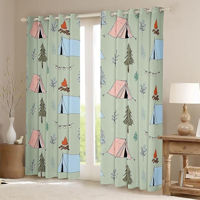 Feelyou Cute Green Camping Camper Blackout Curtains Campfire Tent Darkening Drapes for Bedroom Living Room Decor Happy Camping Thermal Insulated Shades Window Treatments, 2 Panels 42 x 90 Inch
