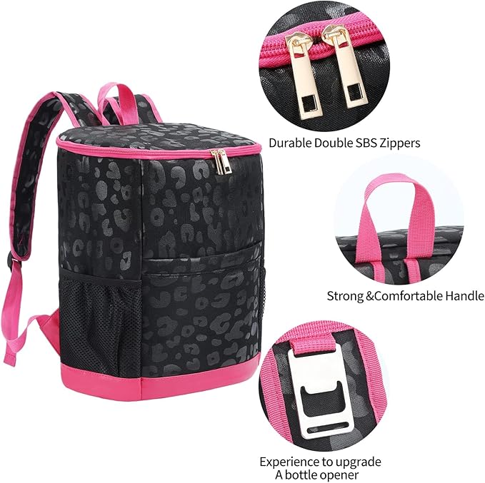 Leopard Camping Cooler Backpack Ice Chest Lunch Backpack 24 Cans Insulated Leak Proof Soft Beach Cooler Bag for Men Women Camping Hiking Picnic Travel Summer