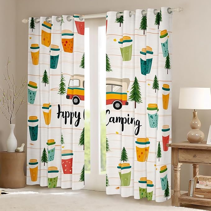 Erosebridal Happy Camping Window Curtains 42" Wx63 L Summer Camp Camper Blackout Curtains for Bedroom Living Room,Camping Adventure Window Treatments Travel Car Rv Forest Drapes Decor 2 Panels
