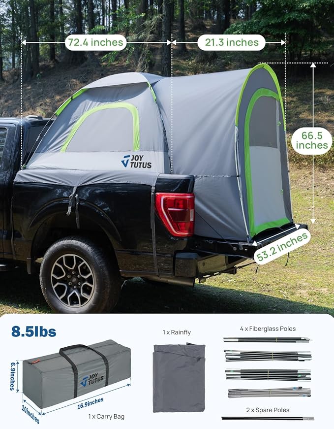JOYTUTUS Truck Tent with Rainfly 6.0Ft, Straight Spacious Truck Bed Tent with Sky View Mesh, Waterproof PU2000mm Double Layer for 2 Person, Gray Green