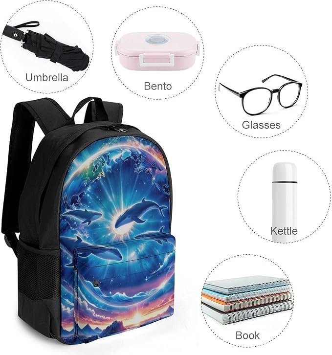 Daypack Backpack Multipurpose Anti-Theft Large Capacity Bookbag, Galaxy Dolphin Star Space Travel Hiking Camping Rucksack With Adjustable Shoulder Straps