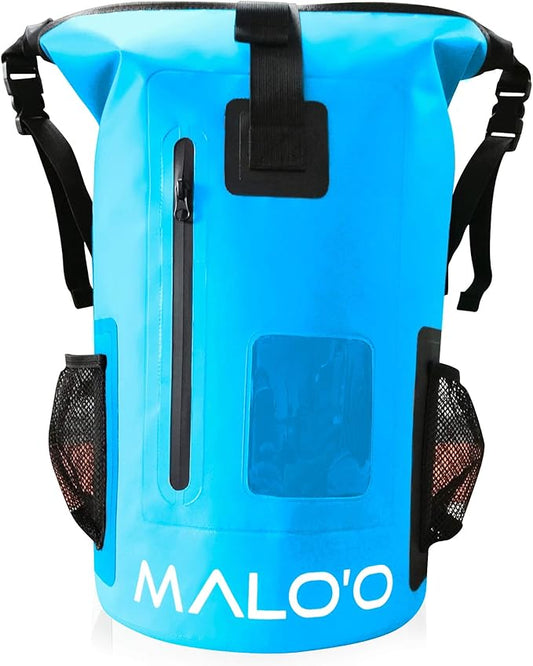 Malo’o DryPack 30L Waterproof Backpack, Roll-Top Dry Bag Backpack with Padded Straps, Floating Design for Beach, Kayaking, Fishing, Boating, Travel, and Water Sports, Blue