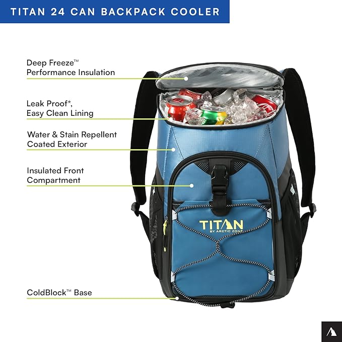 Titan by Arctic Zone Backpack Cooler, Insulated Soft Sided Bag with Leak Proof Lining and Padded Straps, for Lunch, Picnic, and Travel, 24 Can Capacity