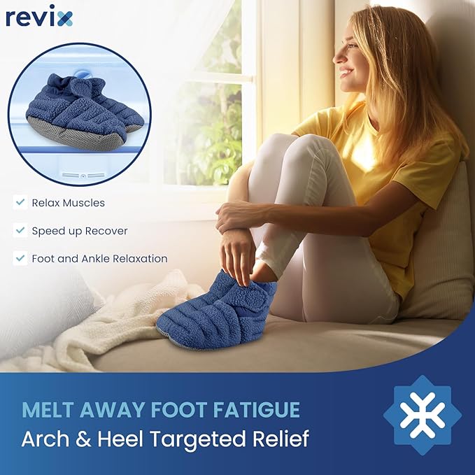 REVIX Microwave Booties for Cold Feet & Discomfort Relief, Heated Slippers for Women & Men with Moist Heat Therapy, Microwavable Foot Warmers for Home & Bed Use, Adjustable Non-Slip Slippers, Navy L