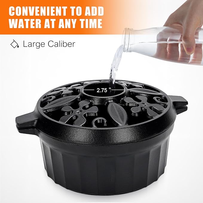 G GOOD GAIN Wood Stove Steamer - Cast Iron Round Bowl Fire Place Stove Humidifier Pot with Large Opening Top for Home Heating Decorative | Matte Finish & 2.7 Quart, Black