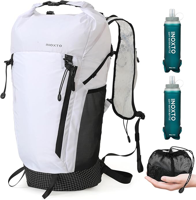 IX INOXTO Hiking Backpack 15L/22L Ultra Lightweight Packable Travel Backpack Small Waterproof Foldable Outdoor Day Pack with Two 500ML soft flasks for Men Women (White)