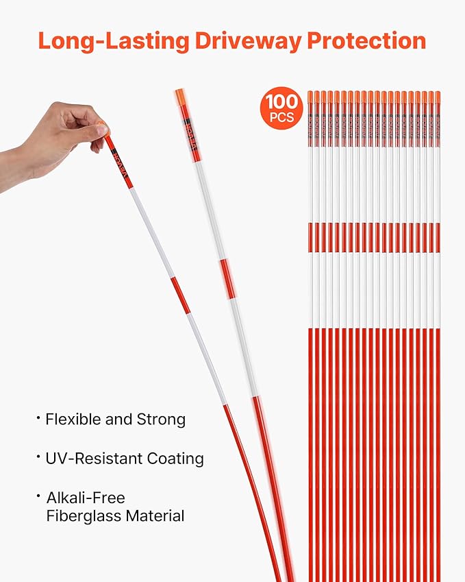 VEVOR Driveway Markers, 100Pcs 72 in Long 5/16 in Dia, Hi-Visibility Driveway Reflectors with 12 in Steel Drill Bits, Reflective Snow Sticks Fiberglass Pole for Parking Lots, Walkways, Snow Plowing