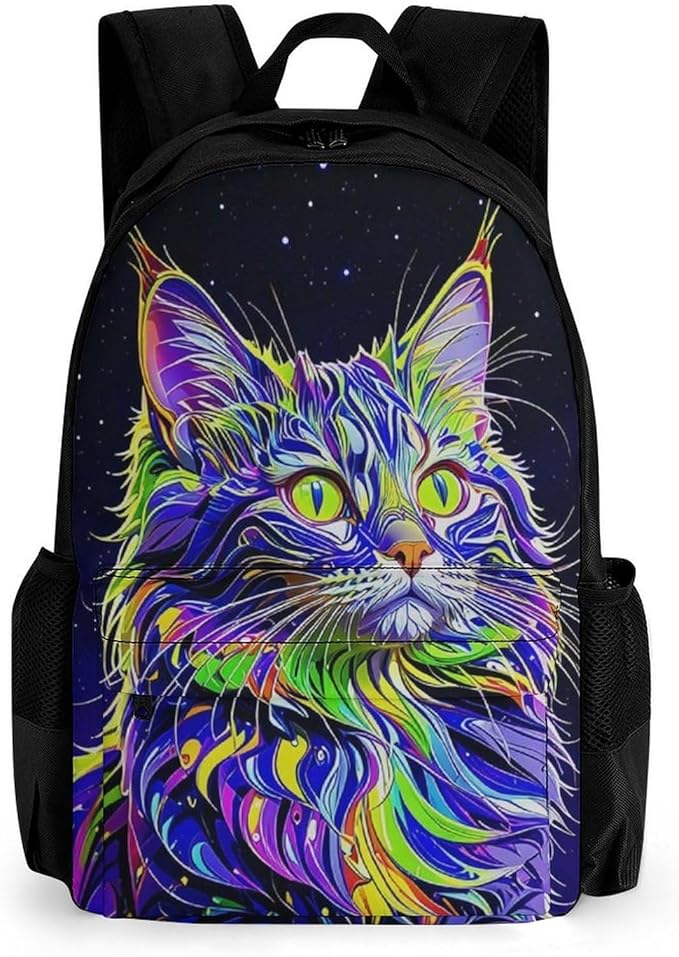 Supdreamc Rucksack Multipurpose Anti-Theft Big Capacity Shoulder Bag, Colorful Trippy Cat Art Travel Hiking Camping Rucksack With Side Pockets