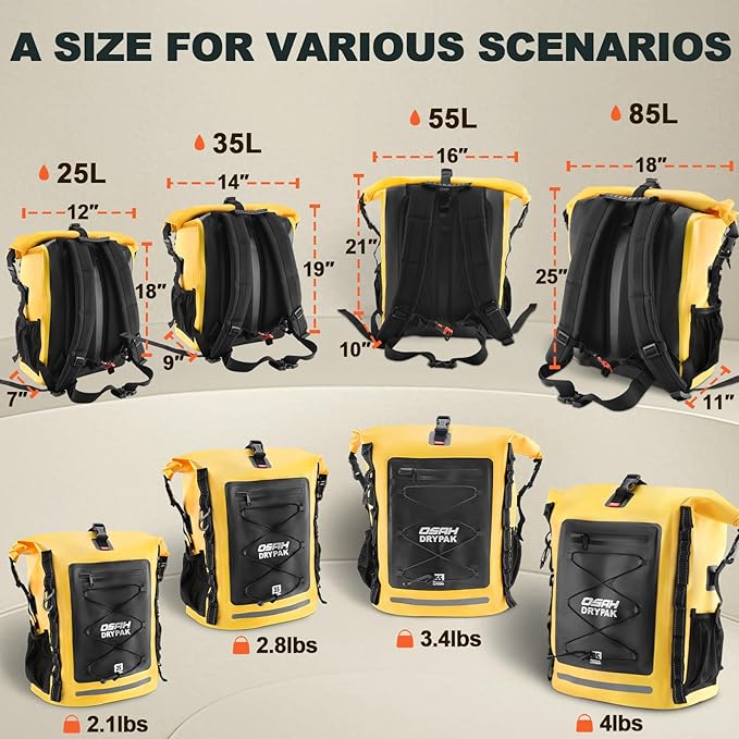 Waterproof Backpack Dry Bag 25L/35L/55L/85L – Heavy Duty Roll-Top Hiking Backpack Sack Keeps Gear Dry for Travel, Kayaking, Boating, Camping, Rafting and Fishing