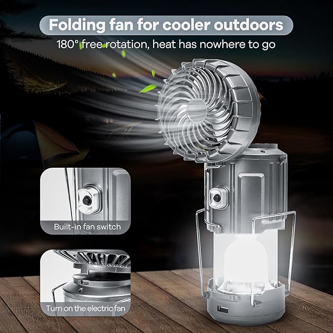 Solar Camping Lantern with Fan & Phone Charger, Portable Rechargeable Power for Hurricanes, Emergency, Power Outage and Camping Gear, Silver