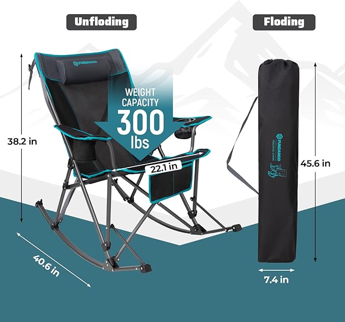 FUNDANGO Rocking Camping Chair, 2 Pack High Mesh Back Portable Folding Camp Chairs with Pillows, Cup Holder and Carry Bag for Lawn Patio Garden Outdoor Supports 300 Lbs (Black/Blue)