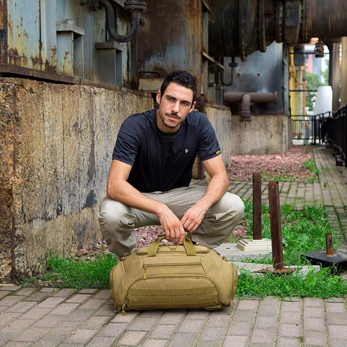 Protector Plus Tactical Duffle Bag Men Sports Gym Backpack Military MOLLE Luggage Suitcase Travel Camping Outdoor Rucksack (Rain Cover & Patch Included), Brown, 35L