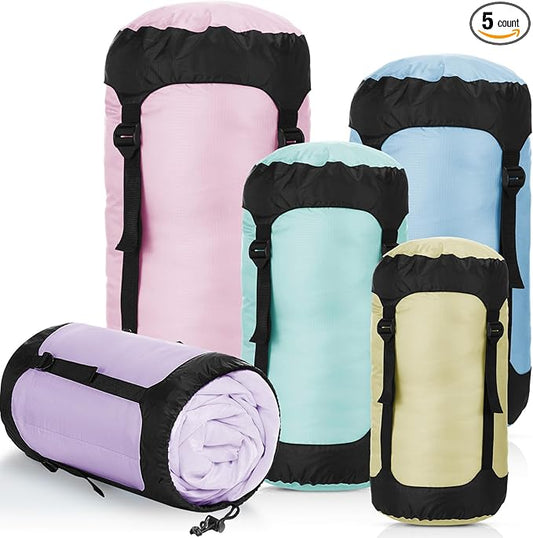 5 Pcs Compression Sacks for Backpacking 5L/10L/15L/20L/35L Camping Sleeping Bag Stuff Sack Water Resistant Sleeping Bag Storage Sack for Space Saving Hiking Gear