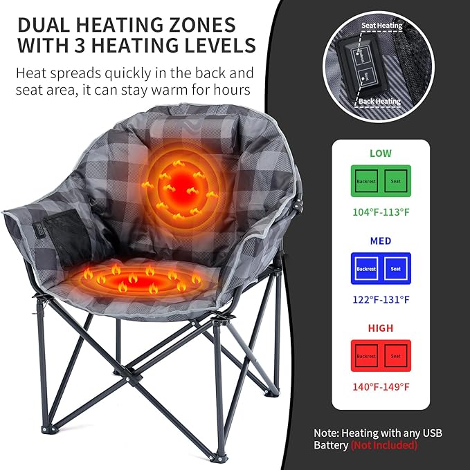 Oversized Heated Camping Chair, 3 Heating Levels Portable Folding Camp Chairs with Pillow and Storage Bag, Outdoor Heated Moon Chair for Camping Lawn Patio Beach and Picnics, Gray Grid