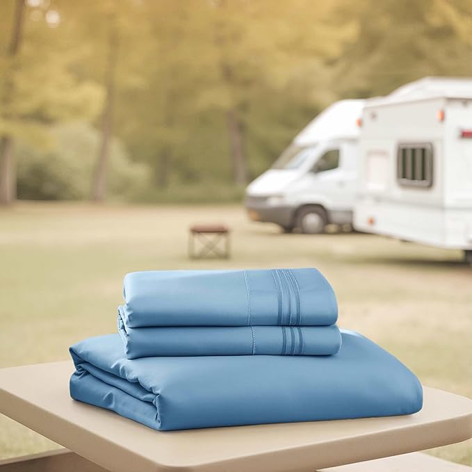 Hearth & Harbor Short Queen Sheets for RV, Blue Heaven RV Queen Sheets, Silky Soft 1800 Microfiber Bed Sheet for Camper, 4 Piece RV Bedding with Pillowcases