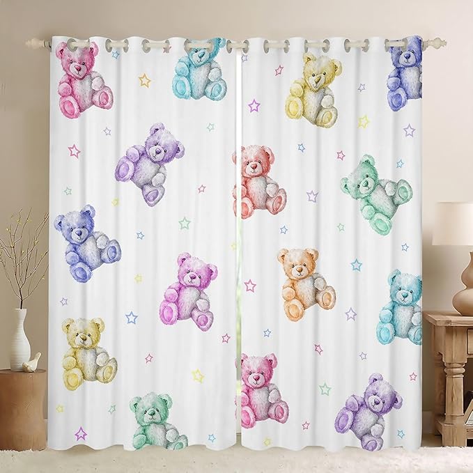 Colorful Bears Window Curtain | Girly Princess Blackout Curtain for Teens Bedroom Decor,Cartoon Bear Curtains Dreamy Coquette Living Room Top 2 Panels,42Wx90L