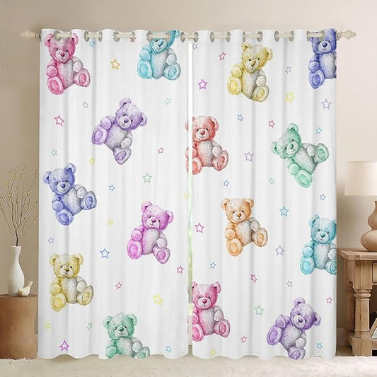 Colorful Bears Window Curtain | Girly Princess Blackout Curtain for Women Bedroom Decor,Cartoon Bear Curtains Dreamy Coquette Living Room Top 2 Panels,52Wx90L