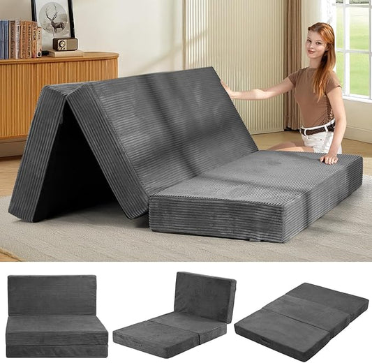 6-Inch Tri-Fold Mattress Queen Size - Foldable Futon Sofa Bed with Removable Washable Cover, Folding Memory Foam Futon Mattress | Non-Slip Bottom & Carry Handles for Guest, Camping, Dorm