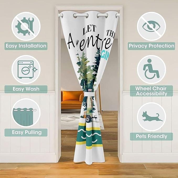 Happy Camping RV Kids Door Curtain,Camper Trailer Nature Adventure Blackout Curtain,Pine Tree Rustic Farmhouse Bedroom Doorway Living Room Decor,Country Green Privacy Door Drape 1 Panel,60" W X 80" L