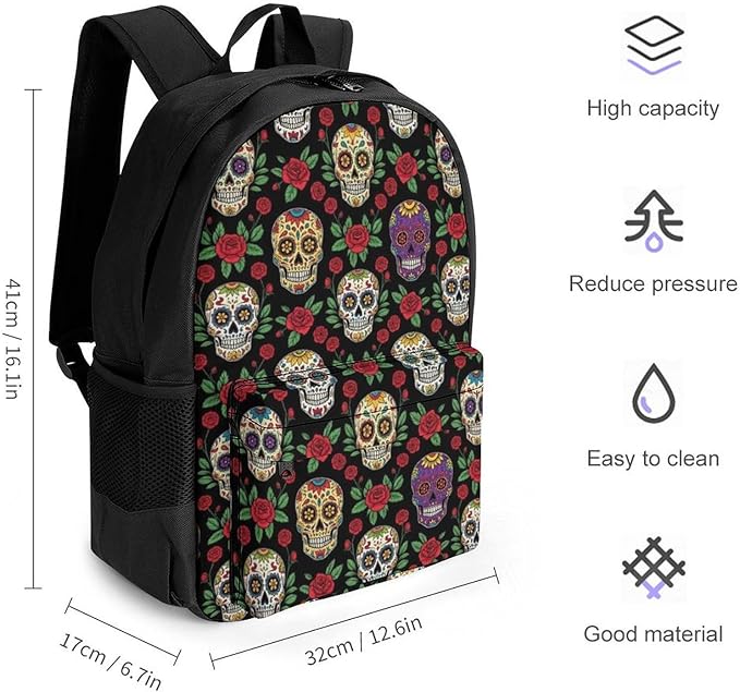 Supdreamc Men Women Polyester Mexican Day Dead Rose Sugar Skulls Backpack Large Capacity Bookbag With Smooth Zippers for Climbing Picnic Bicycle