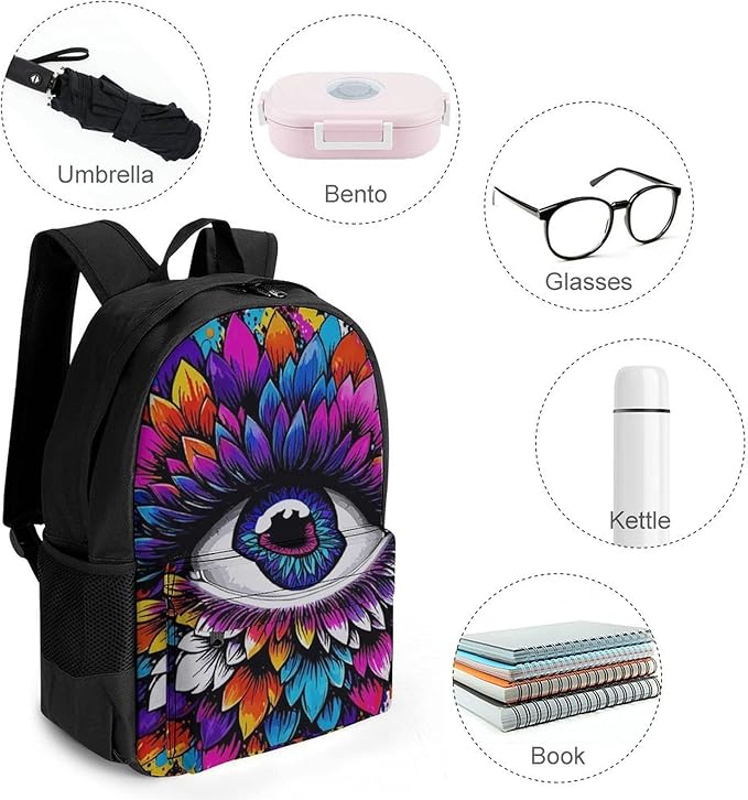 Men Women Lightweight Psychedelic Trippy Eye Lotus Art Backpack Large Capacity Carry On Bag With Padded Straps for Sports Work Walking Cycling