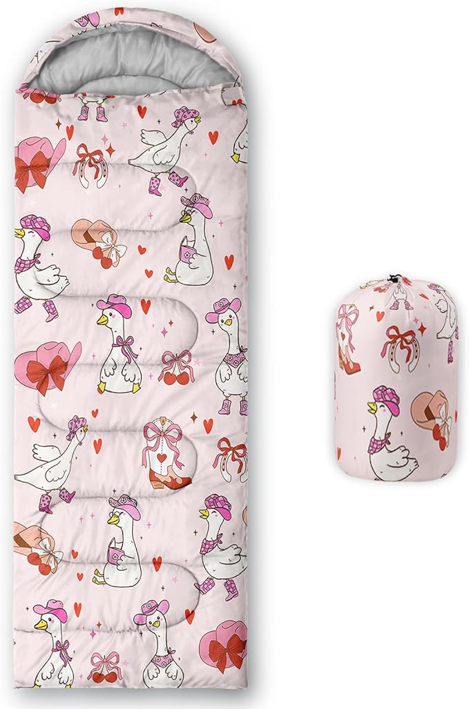 AILONEN Girls Pink Camping Sleeping Bags,Lightweight & Waterproof,3 Season Warm & Cool Weather,Cute Bow Duck Print Sleeping Bags for Kids,Girls,Adults Travelling,Outdoors