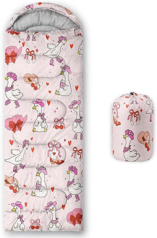AILONEN Girls Pink Camping Sleeping Bags,Lightweight & Waterproof,3 Season Warm & Cool Weather,Cute Bow Duck Print Sleeping Bags for Kids,Girls,Adults Travelling,Outdoors