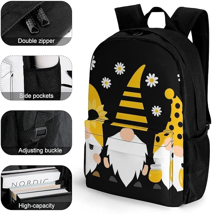 Men Women Lightweight Sunflower Bee Cute Cartoon Gnome Black Backpack Large Capacity Bookbag With Smooth Zippers for Gym Business Running