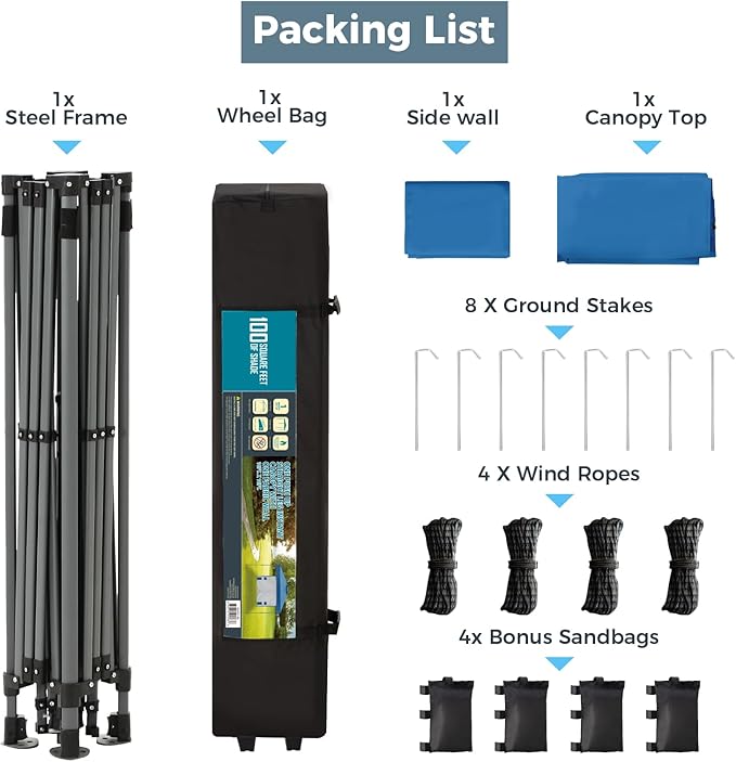GREEN PARTY Pop Up Canopy Tent 10x10 with 1 Sidewall and 6 Pockets, One Push Set Up Ootdoor Instant Tent Canopy with Vented Roof, & Wheeled Carry Bag for Patio Camping Beach, Blue