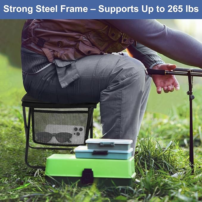 Portable Folding Camp Stool with Side Pocket, Lightweight Foldable Camping Stool for Adults, Backpacking Travel Fishing Stool Mini Chair, Compact Folding Seat with Storage Bag