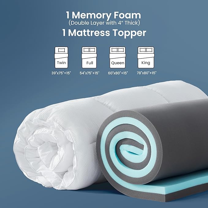 SLEEP ZONE 4 Inch Full Mattress Topper, Dual Layer 2'' Gel Memory Foam + 2'' Breathable Fluffy Cool Waterproof Removable Pillow top Pad for Back Pain, Comfort Support, White